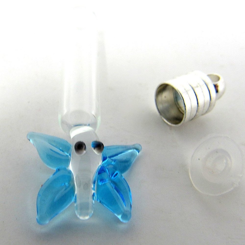 Butterfly Blue Glass Vial 1" Bottle Charm Cremation Ashes Pendant Rice